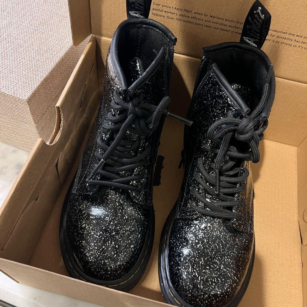 Little Girls black glitter Doc Martens in Box
